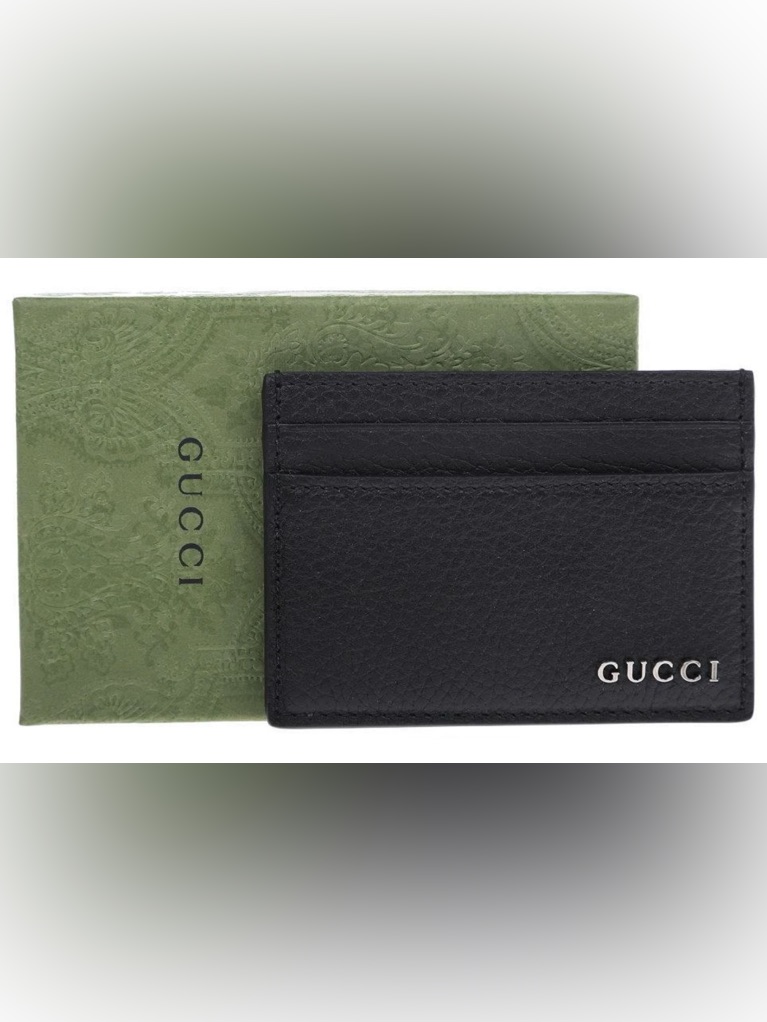 New Gucci Black Leather Lettering Logo Card Case Wallet WBox